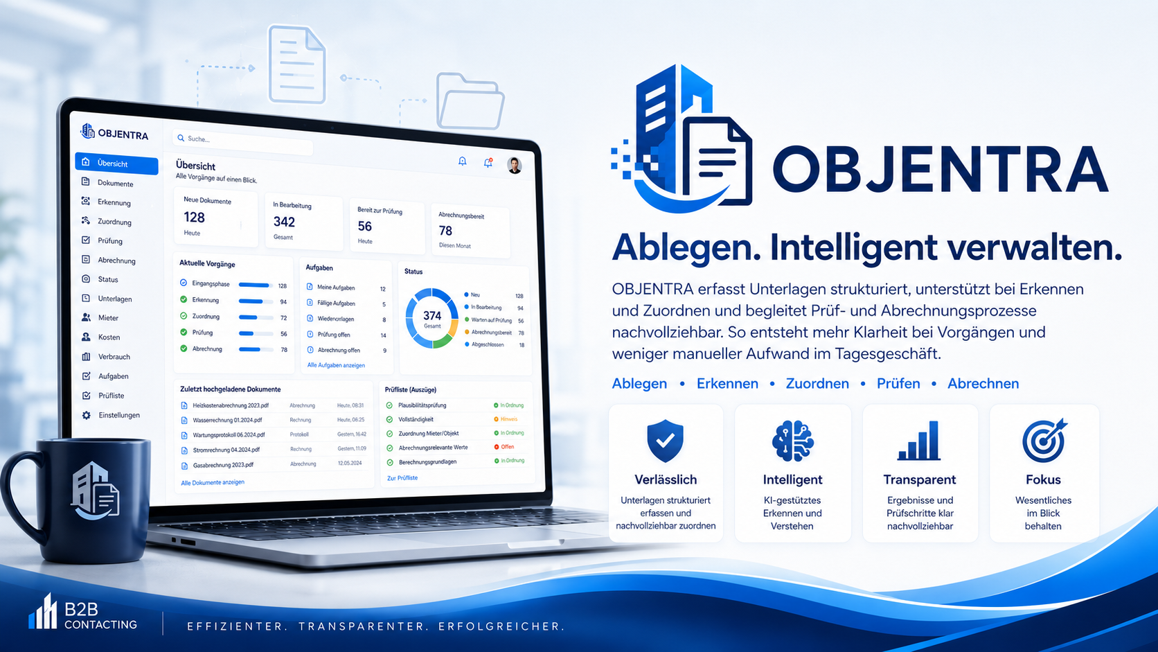 Objentra – breite Produktgrafik mit Objektverwaltung, Dokumentbezug und Auswertungen.