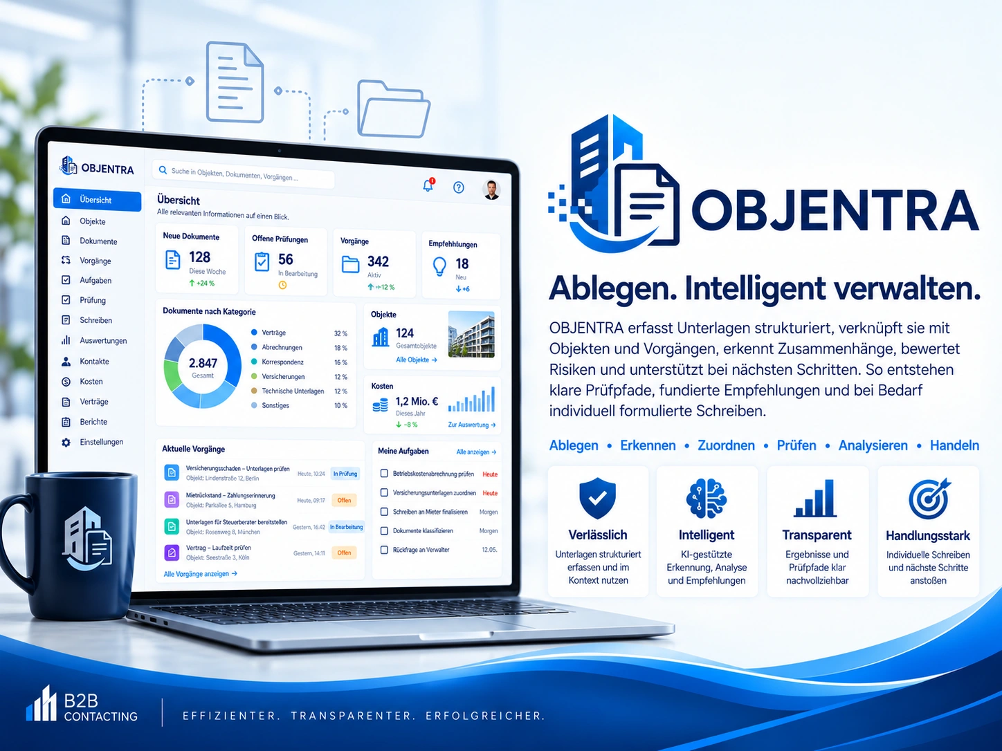 Objentra – breite Produktgrafik mit Objektverwaltung, Dokumentbezug und Auswertungen.