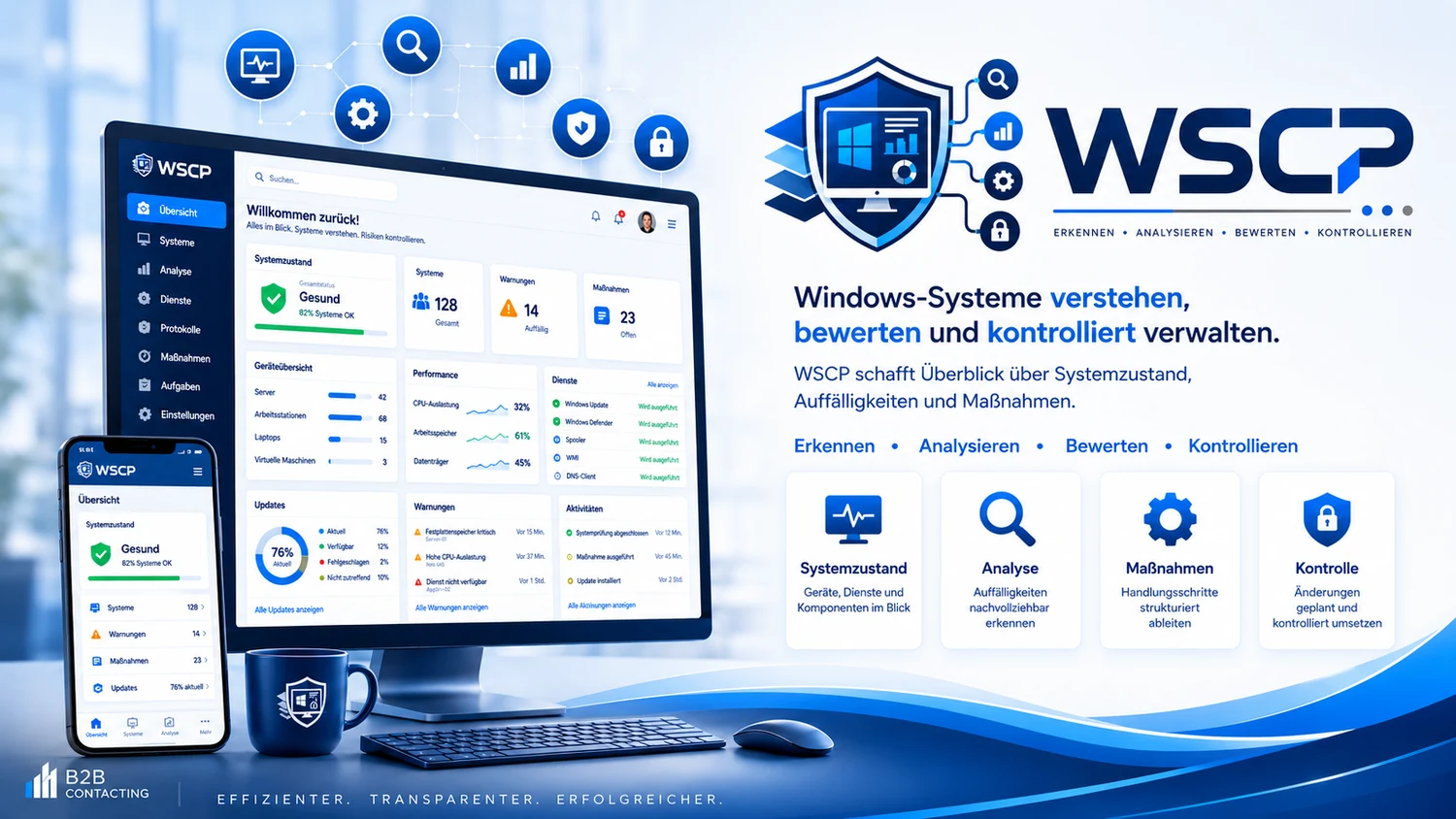 WSCP – panoramica chiara con viste desktop e mobile, stato del sistema, analisi, azioni e controllo.